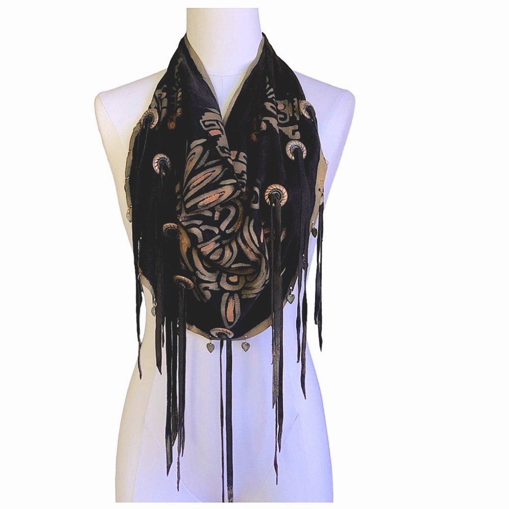 90s BOHO VINTAGE. SUEDE FRINGE. TOP or SCARF.  SoCal Artisan. Fashion art.